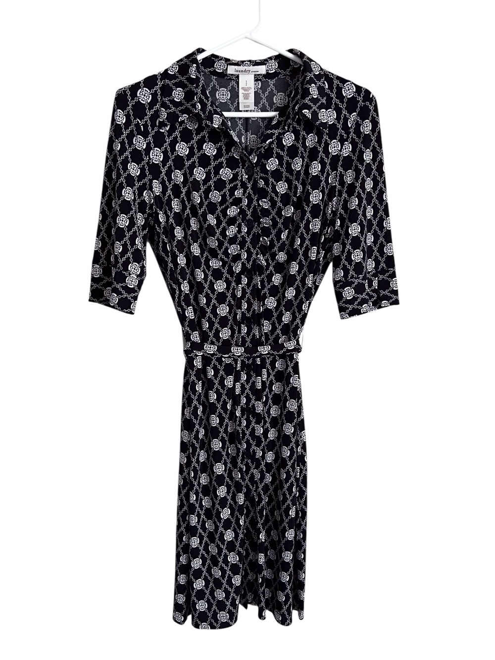 Laundry Black Shirt Dress Jersey Knit Button Down Black Chain Print Women’s 8